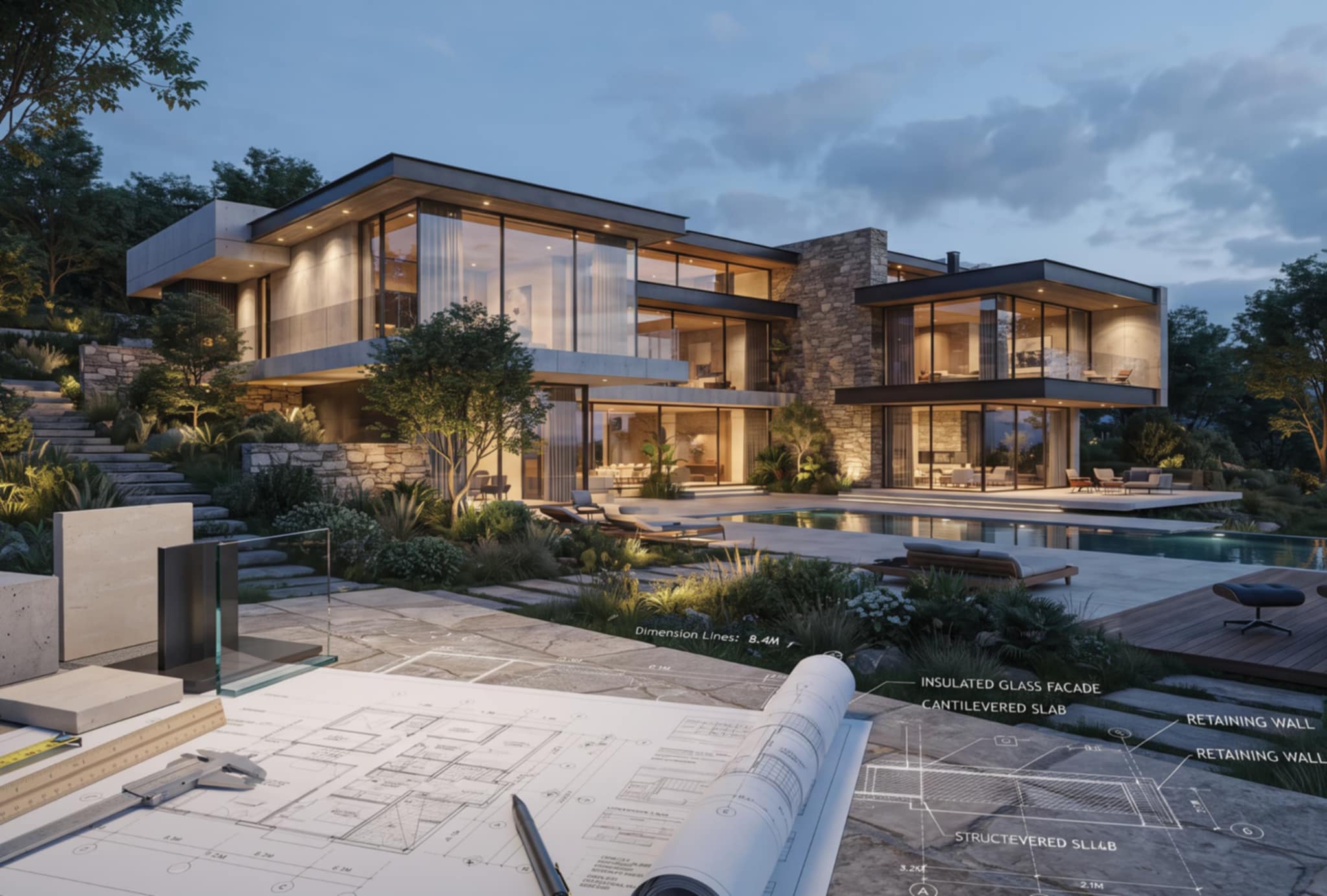 تصميم معماري احترافي لواجهة حديثة مع مخططات هندسية دقيقة توضح توزيع المساحات والكتل المعمارية